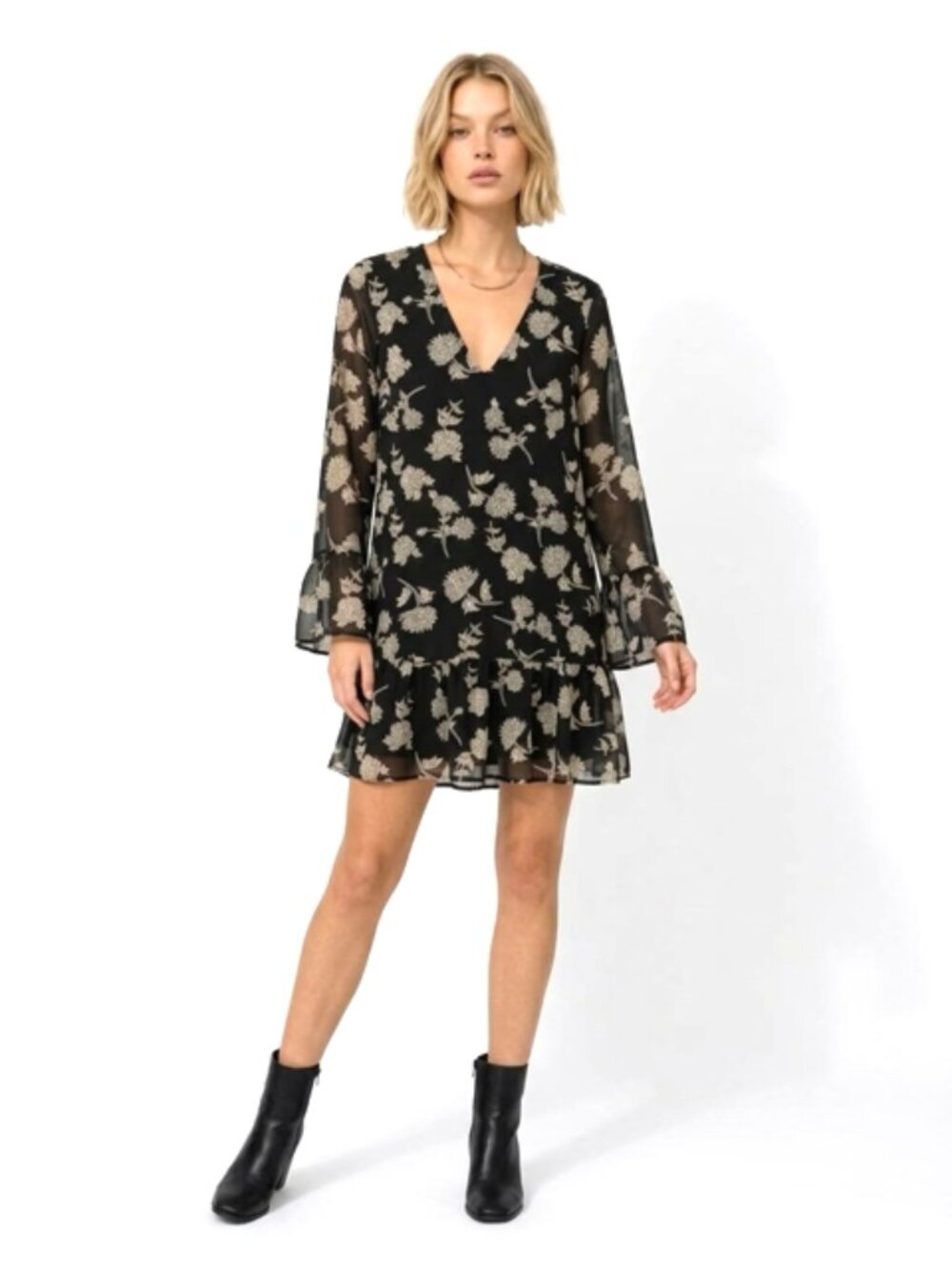 Rokoko Black Beige Floral Drop Waist Ruffle V-Neck Bell Sleeve Dress Small